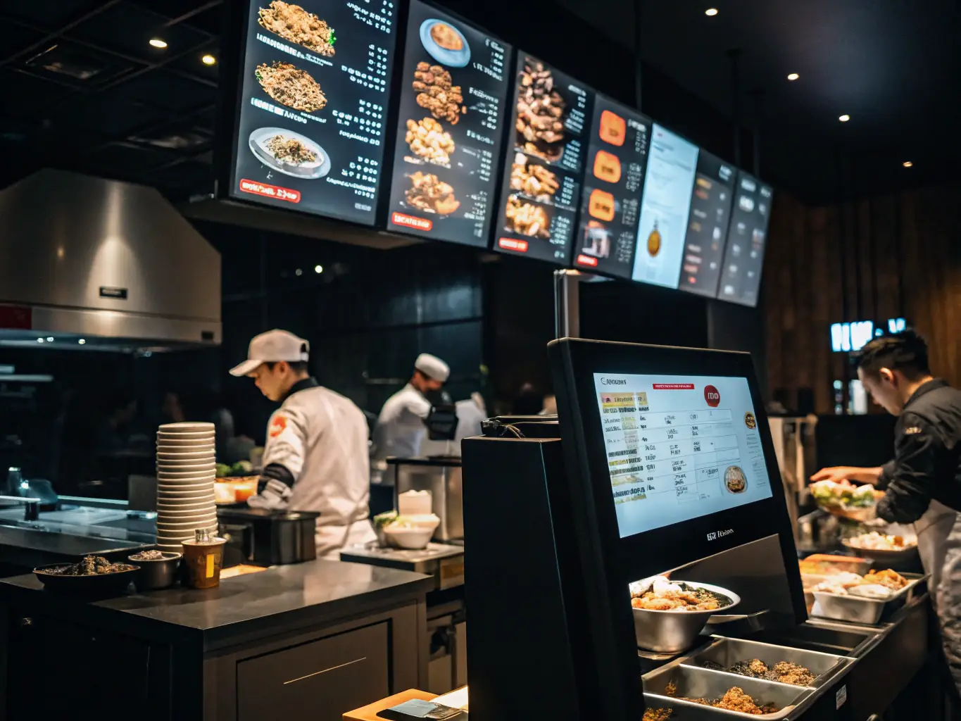 A digital illustration depicting an AI-powered system managing restaurant orders, showing automated order processing and efficient kitchen management.