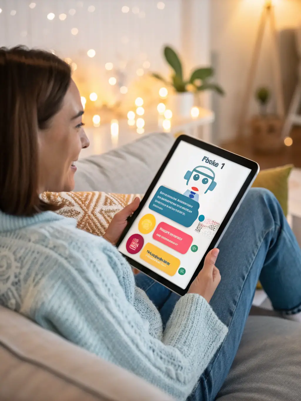 A friendly AI chatbot interacting with a customer on a tablet at a restaurant table, showcasing personalized and efficient customer service.