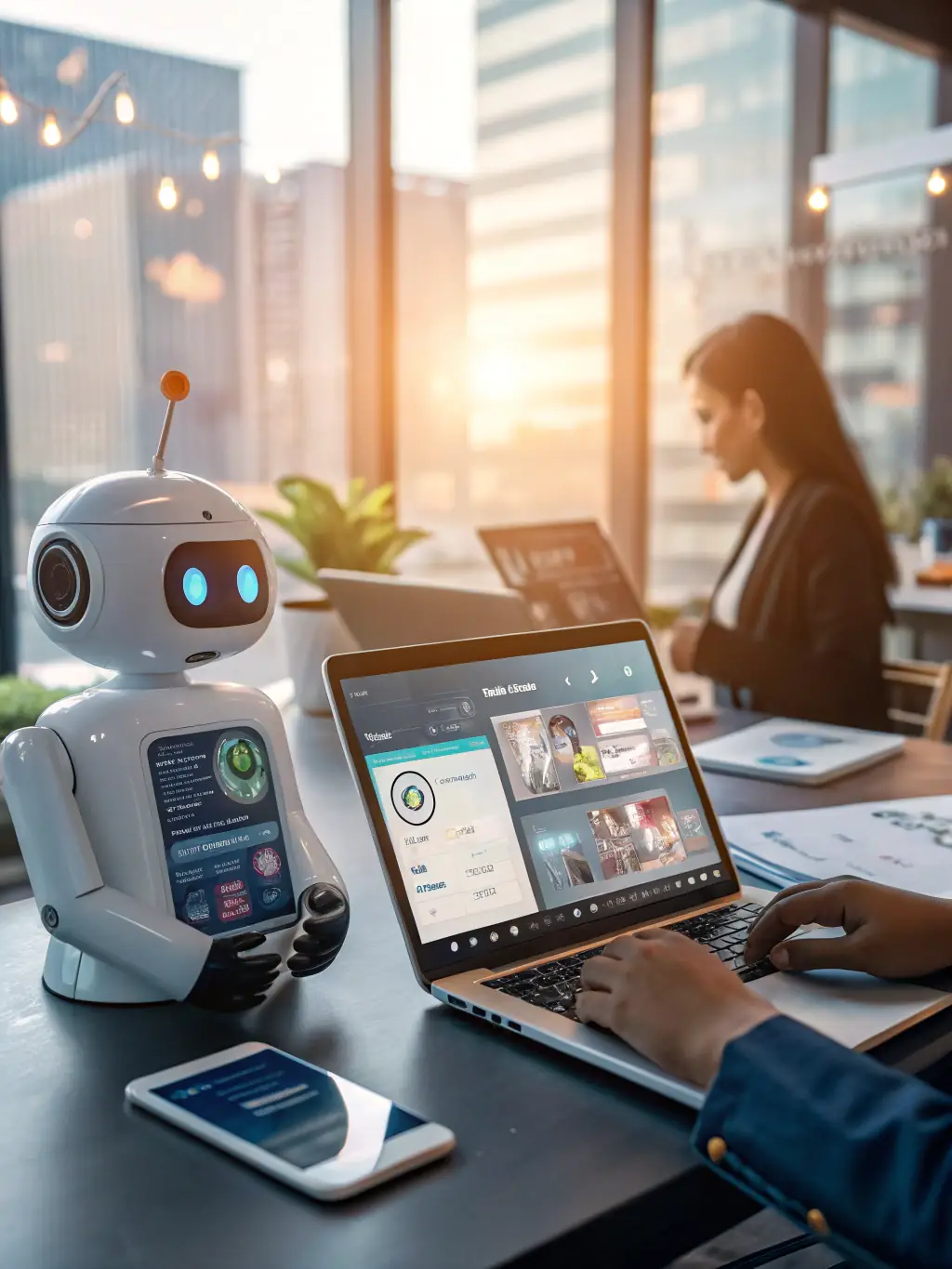A digital rendering of an AI-powered chatbot interacting with a customer in a restaurant setting, answering questions and taking reservations.