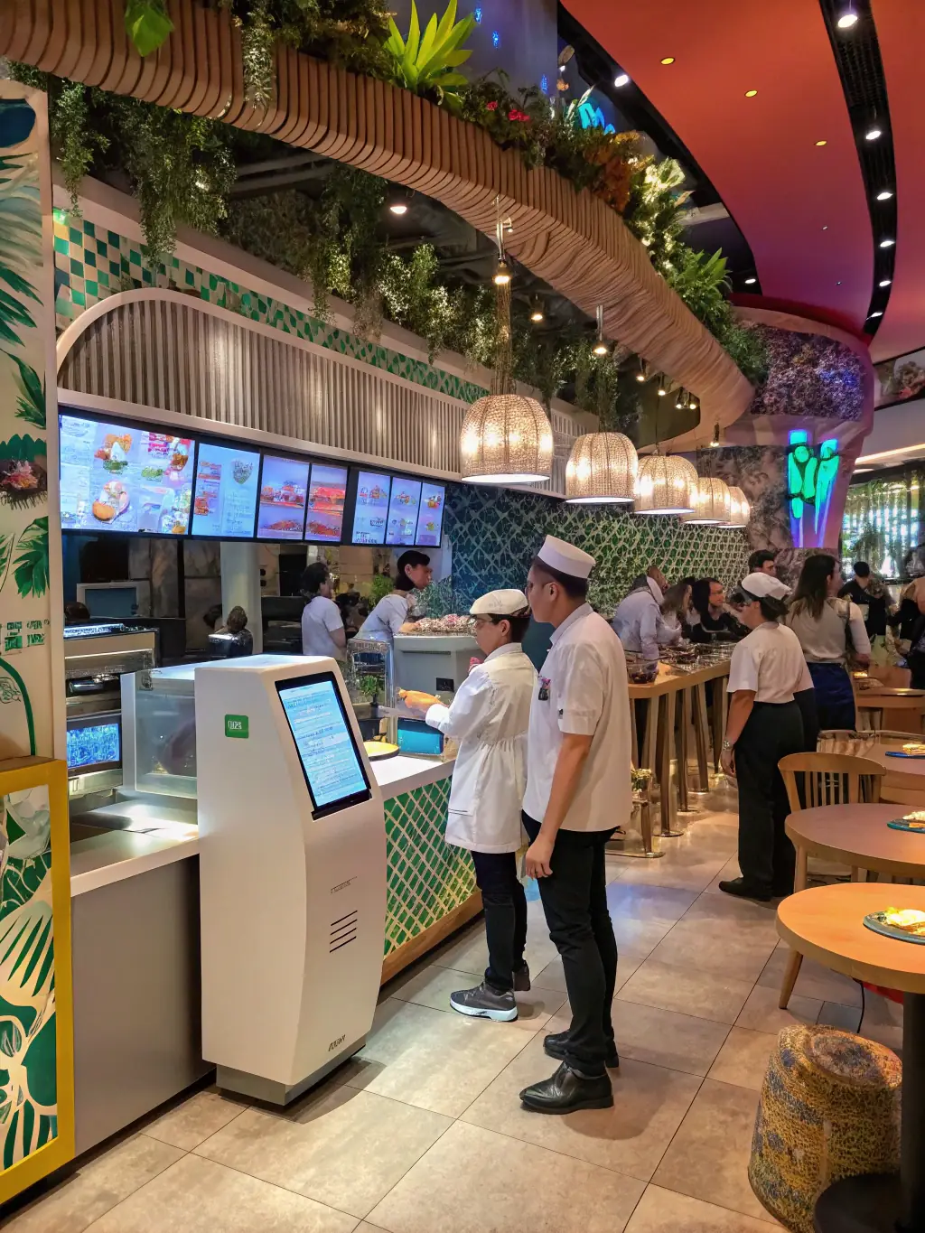 A digital illustration depicting an AI-powered ordering system in a restaurant, showing a tablet interface with menu items and automated order confirmation.