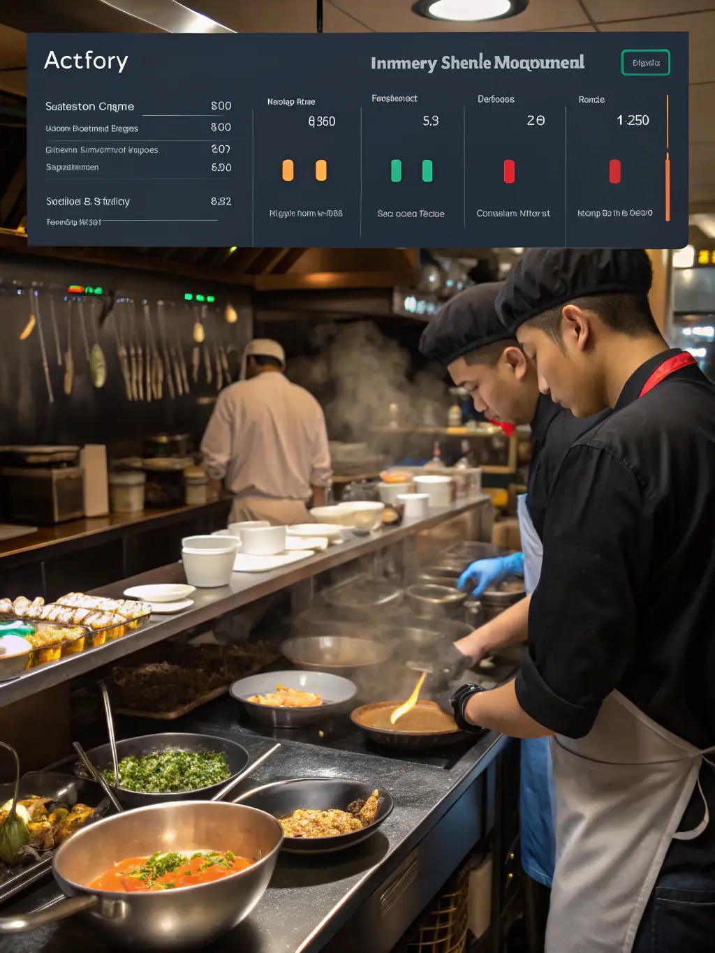 A photograph of a restaurant kitchen with an AI-powered inventory management system displayed on a screen, showing real-time stock levels and automated reordering suggestions.